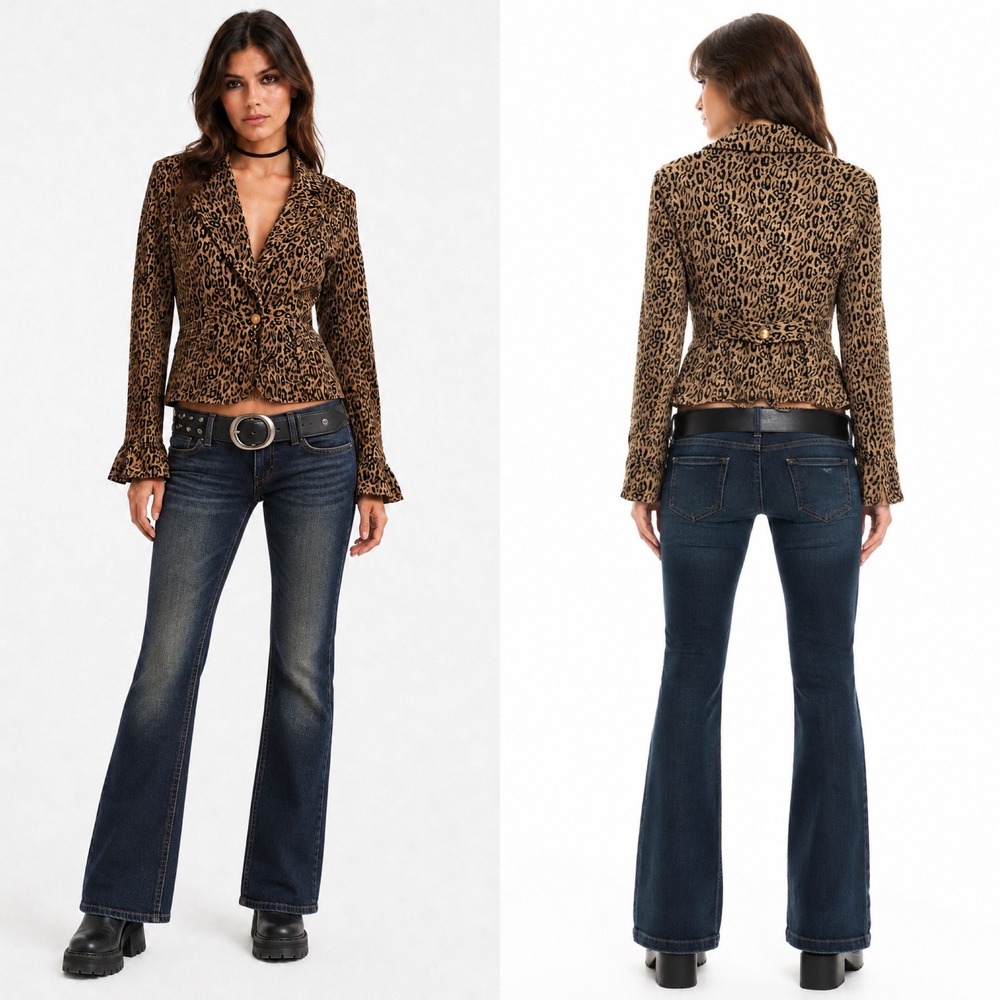 Y2K Corduroy Leopard Print Jacket Brown Animal Peplum Ruffle Missing button